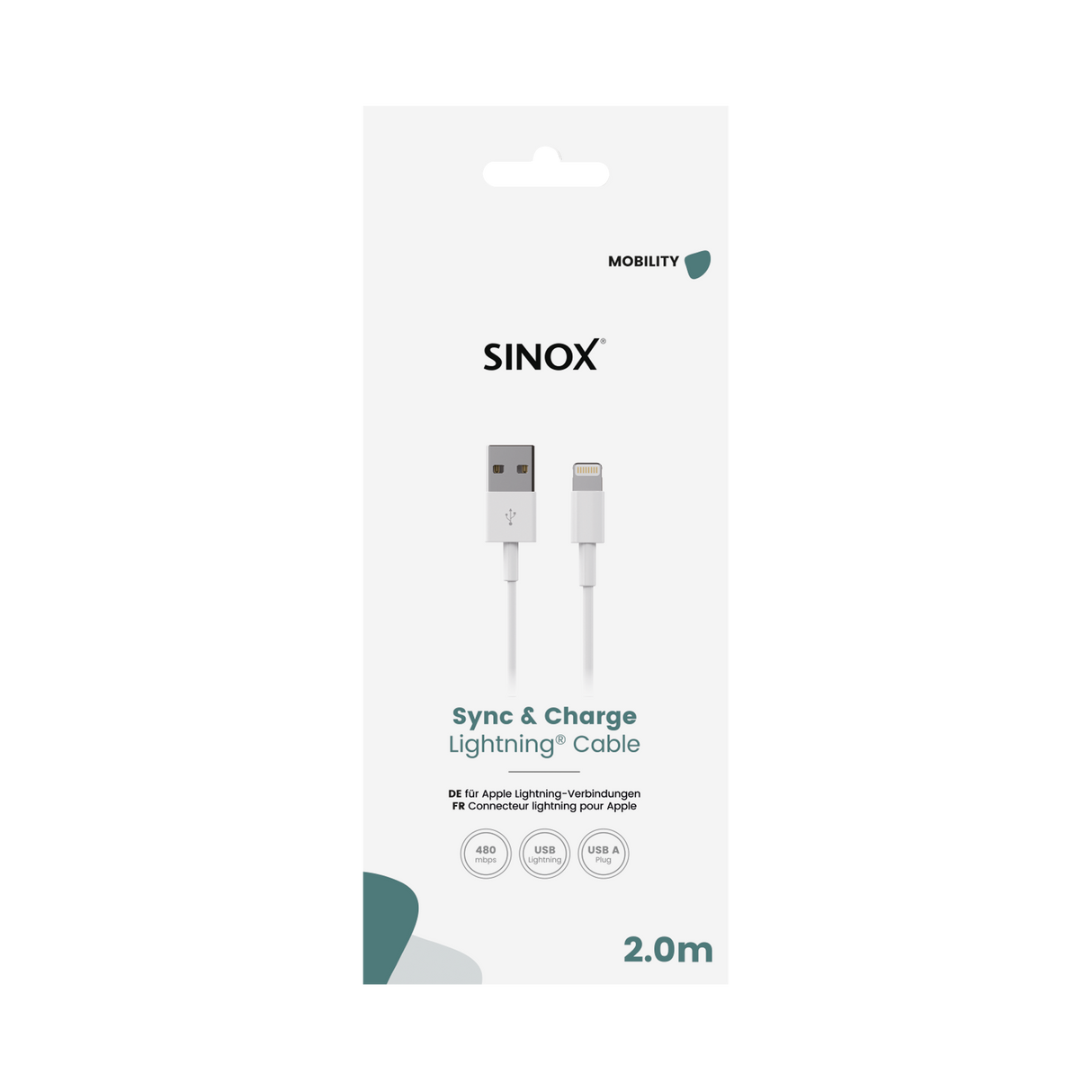 Sinox Lightning kabel. 2m. Hvid