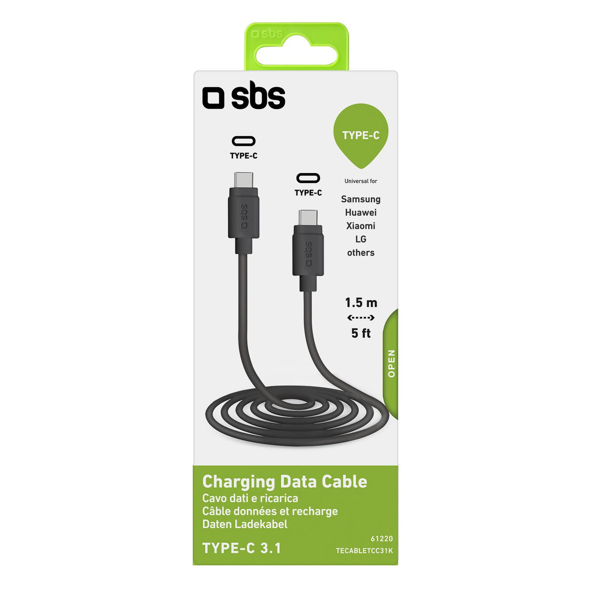 SBS USB C 3.1 kabel. 1,5m. Sort