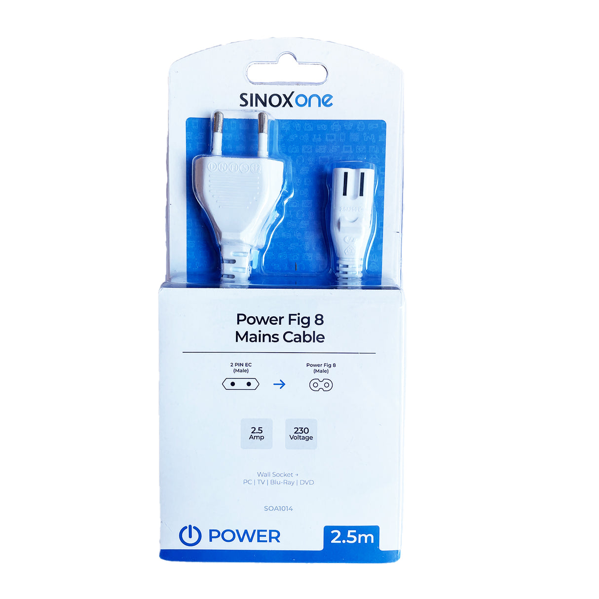 Sinox One 8-tals strømkabel. 2,5m. Hvid