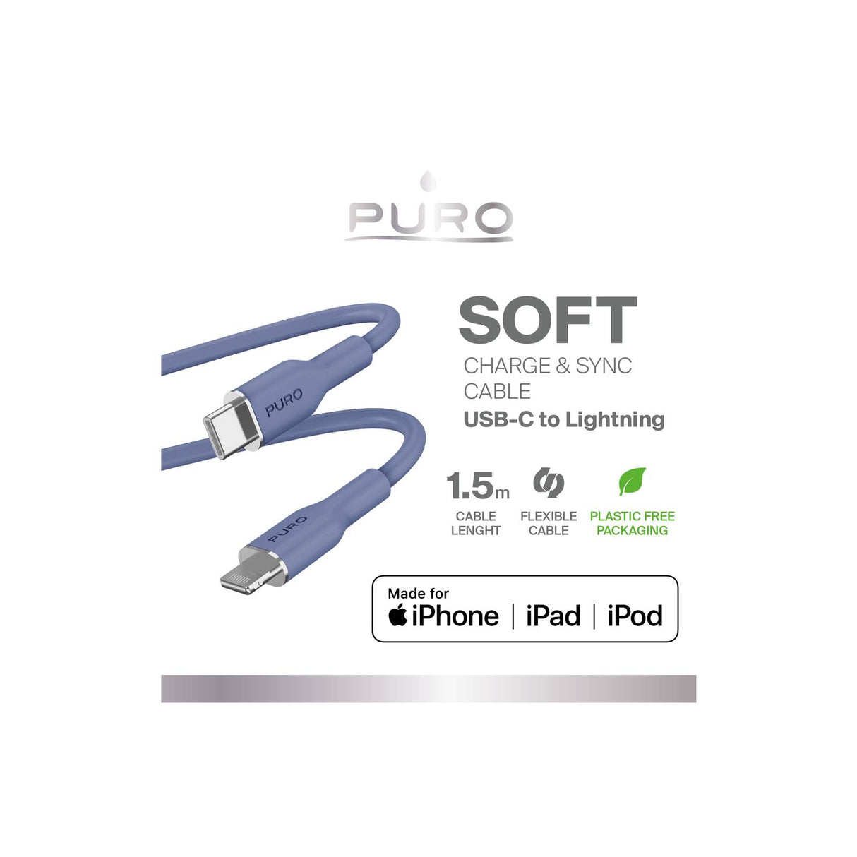 PURO SOFT-kabel til strøm- og datasynkronisering fra USB-C til Lightning 1,5 m