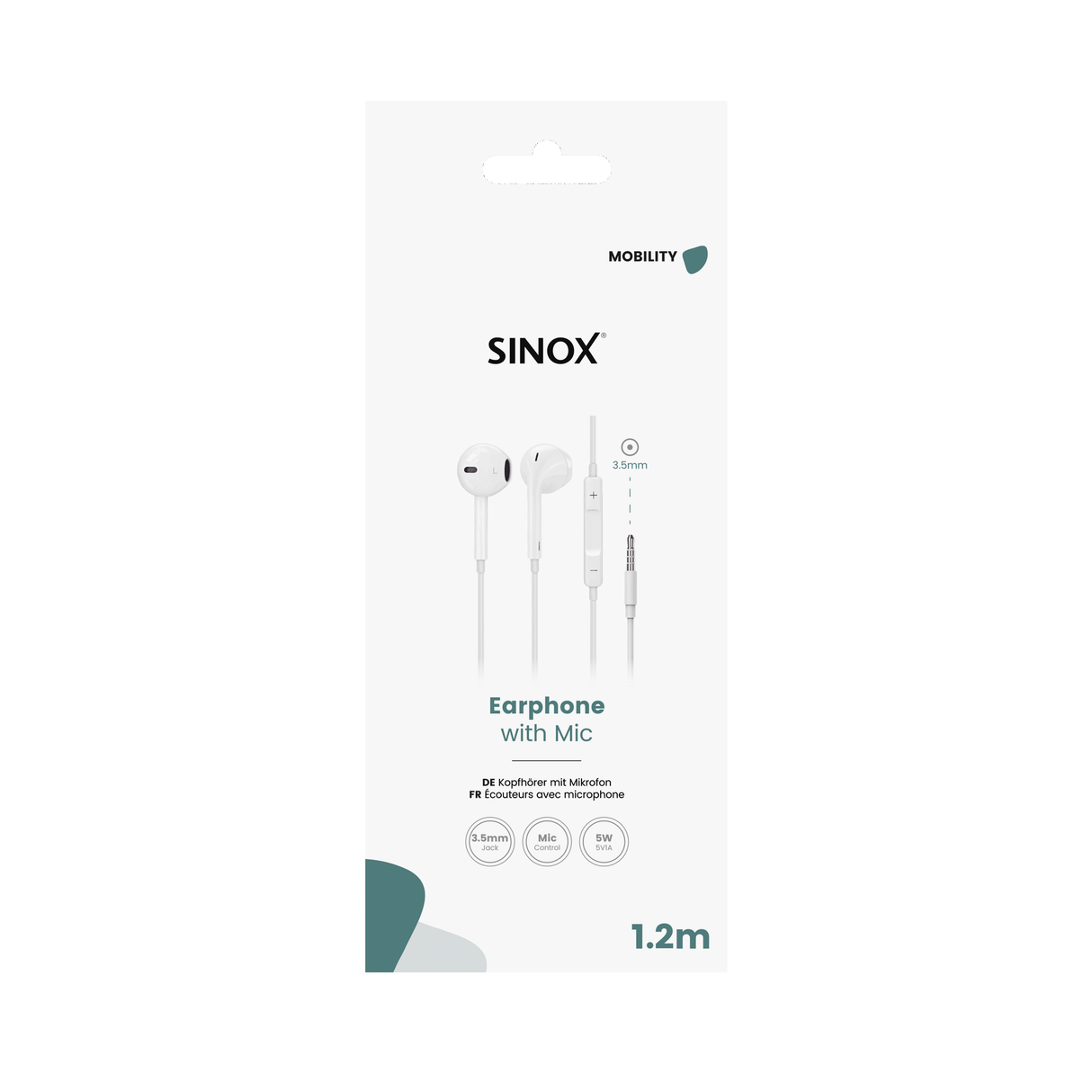 Sinox in-ear høretelefoner 3,5mm med mikrofon. Hvid