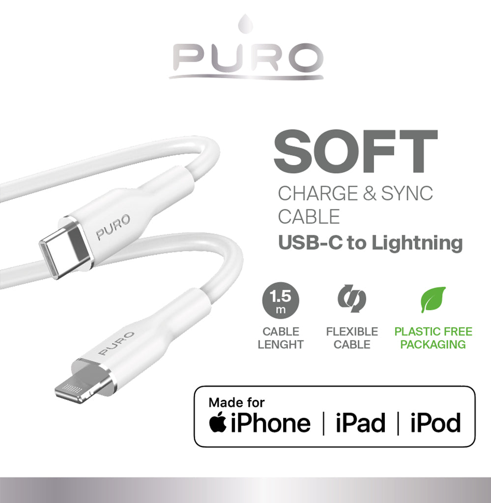 PURO SOFT-kabel til strøm- og datasynkronisering fra USB-C til Lightning 1,5 m