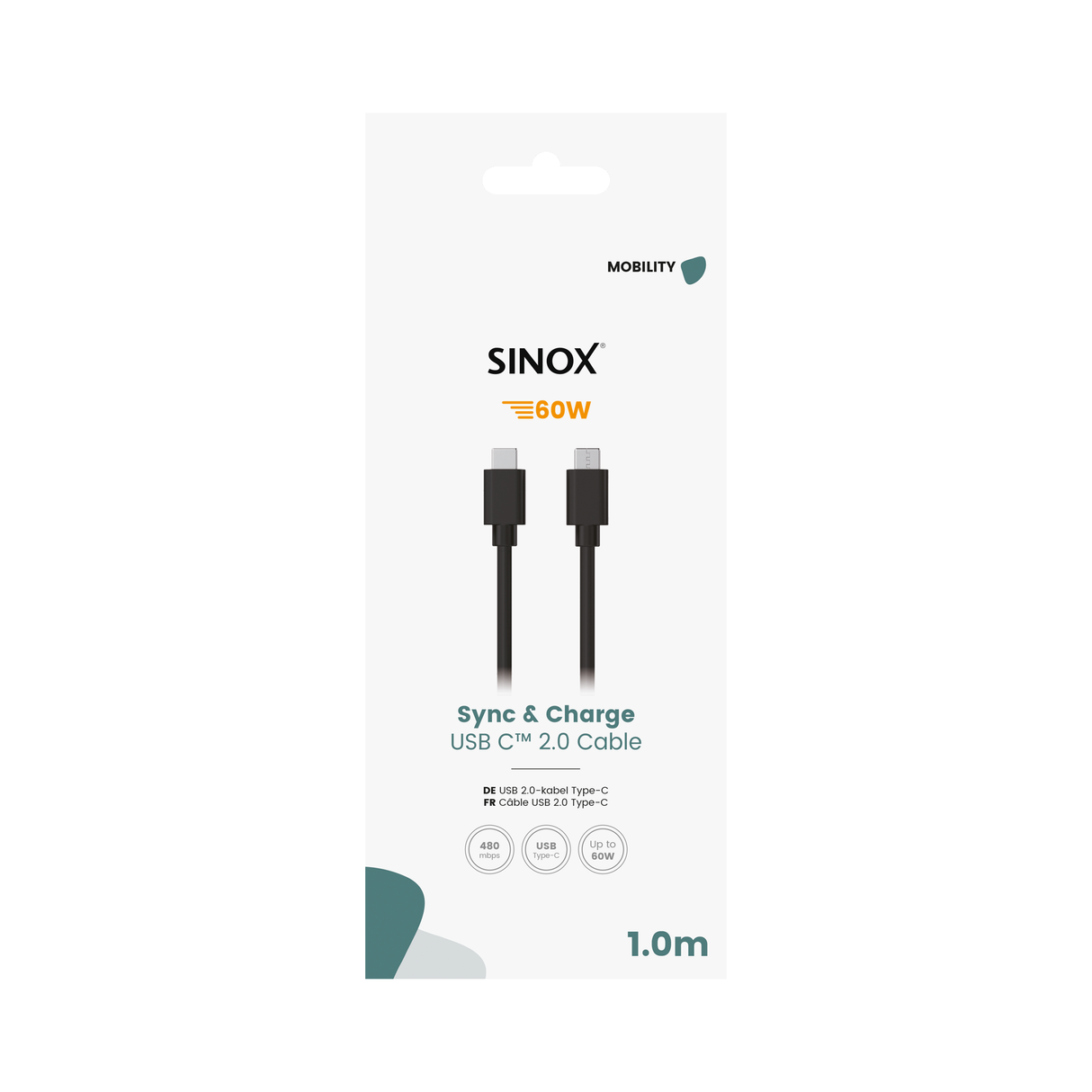 Sinox USB C kabel. 1m. Sort