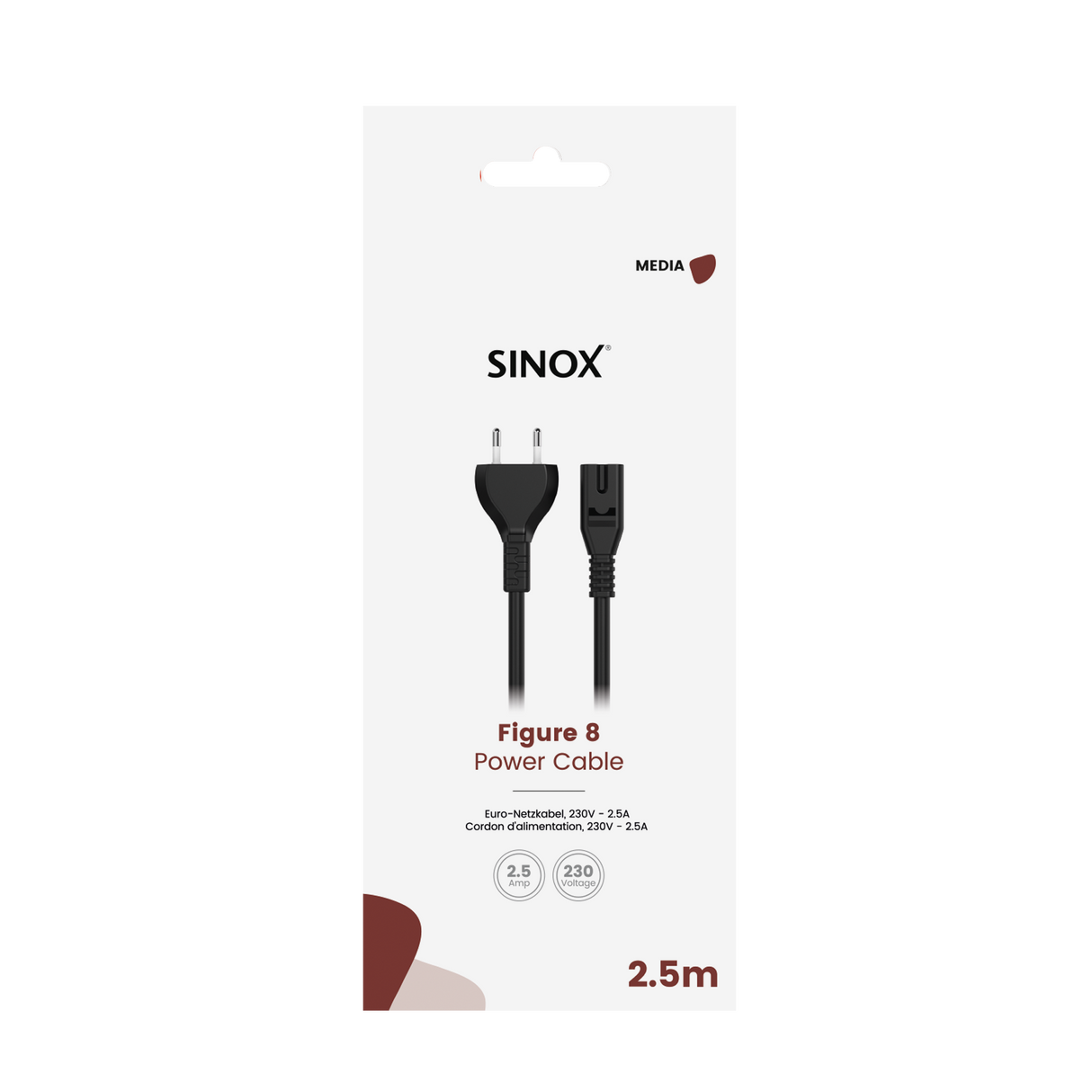 Sinox 8-tals strømkabel. 2,5m. Sort