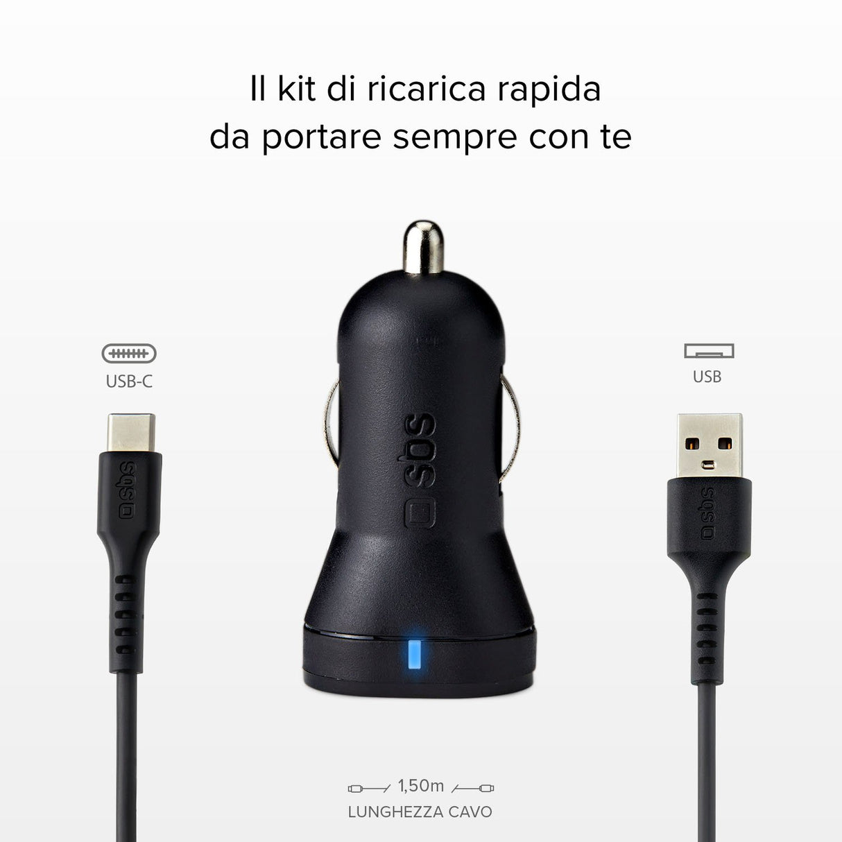 SBS USB C biloplader kit. 1A + 2.1A. 1m. Sort