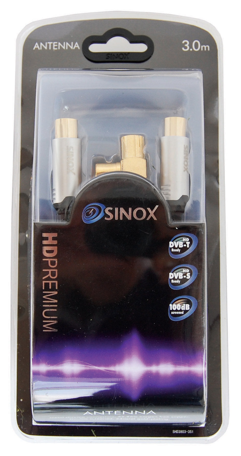 Sinox SHD antennekabel. 3m. Sort