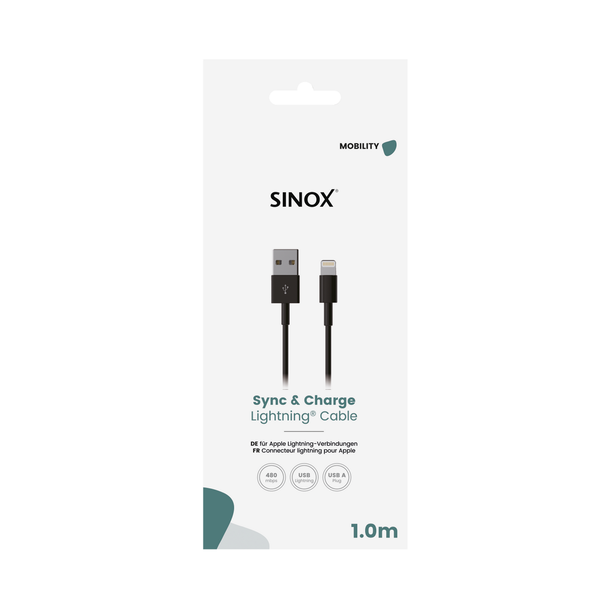 Sinox Lightning kabel. 1m. Sort