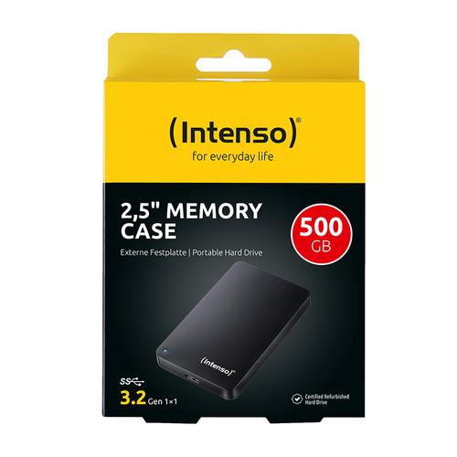 Intenso Memory Case 500 GB External Hard Drive (6.35 cm (2.5 inch) 5400 RPM, 8 MB Cache, USB 3.0), certified refurbished, black