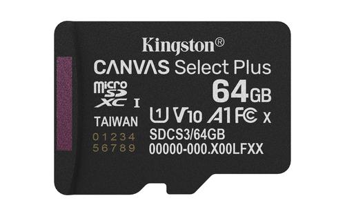 Kingston Technology 64 GB microSDXC Canvas Select Plus Gen3 100 MB/s A1-kort + adapter