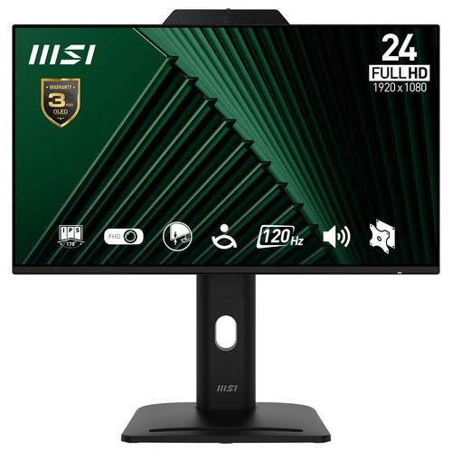 MSI Pro MP242PMG 23.8 Inch Monitor, FHD (1920 x 1080), 120Hz, IPS, 1ms, 1x HDMI 1.4b, 1x DP 1.2a, 1x D-Sub(VGA), 2xUSB 5Gbps Type-A, 1x USB 5Gbps Type-B, Built-in Speakers, Webcam, Anti-Glare, Anti-Flicker, Less Blue light, TÜV Certified, VESA, Kensi