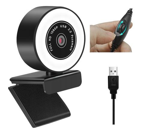 Platinet USB Webcam with Ring Light, Two Megapixels, 1080p Full HD, USB-A, Integrated Microphone (noise cancelling), Adjustable Clip Base, 30 frames per second, Black, Cable 1.5m, One Year Warranty, Box