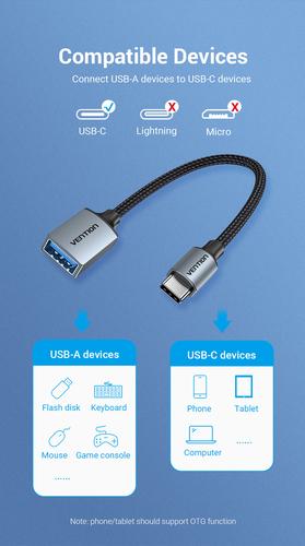 Vention USB 3.0 C Male to A Female OTG Cable 0.15M Gray Aluminum Alloy Type