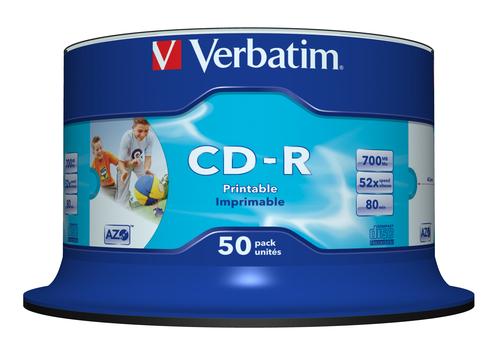 Matricas CD-R AZO Verbatim 700MB 1x- 52x Wide Printable non ID,50 Pack Spindle