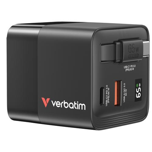 Verbatim GaN Charger 65W 2 Port retractable cable display US plugs with EU and UK adaptors