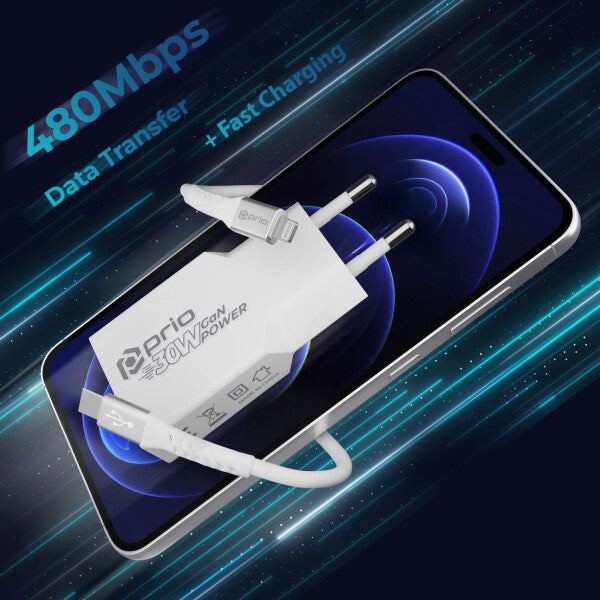 prio MFi hurtigopladersæt (30W dobbelt GaN-oplader + Lightning - USB C-kabel) hvid