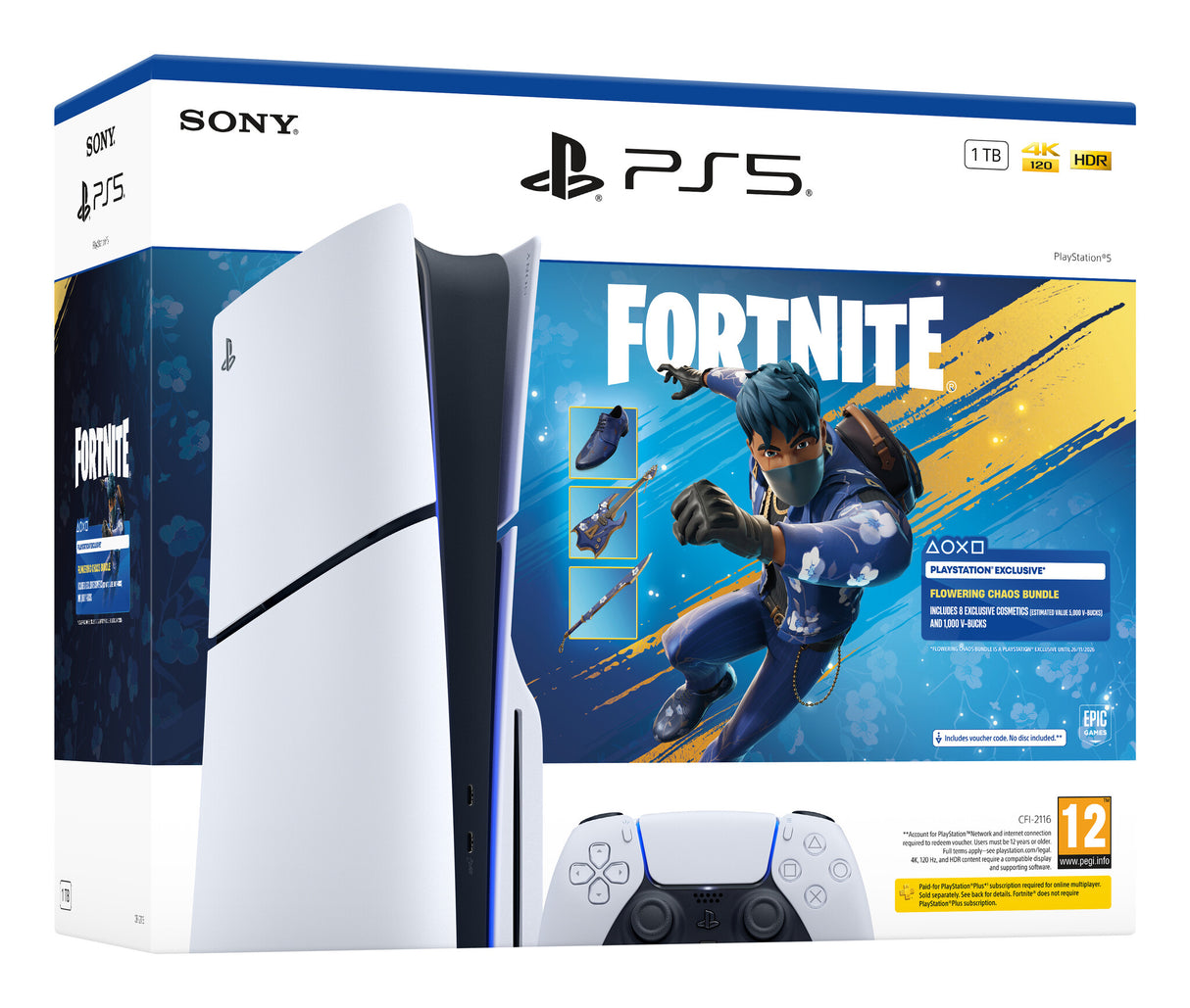 Sony PlayStation 5 - Fortnite Flowering Chaos Bundle 1 TB Wi-Fi Sort, Hvid