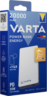 Varta Energy Powerbank 20000mAh 15Watt 2xUSB-A 1xUSB-C Hvid