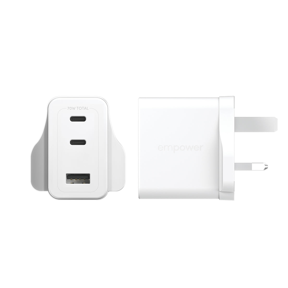PanzerGlass empower by ® Turbo 70W Multiple Oplader inkl. 2 x USB-C + USB-A | UK Stik | Silver White
