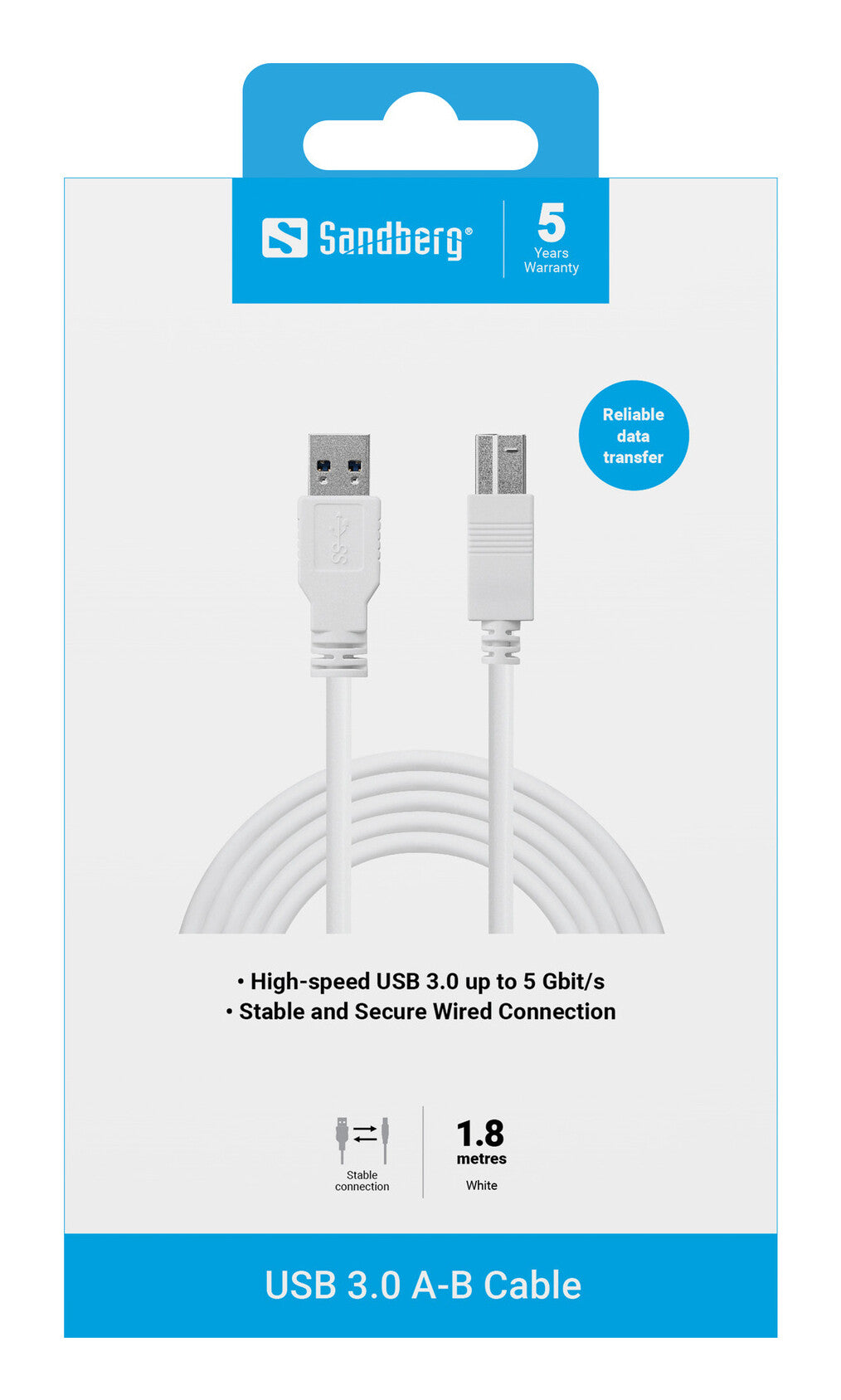 Sandberg 509-23 USB-kabel USB 3.2 Gen 1 (3.1 Gen 1) 1,8 m USB A USB B 5 Gbit/sek. Hvid