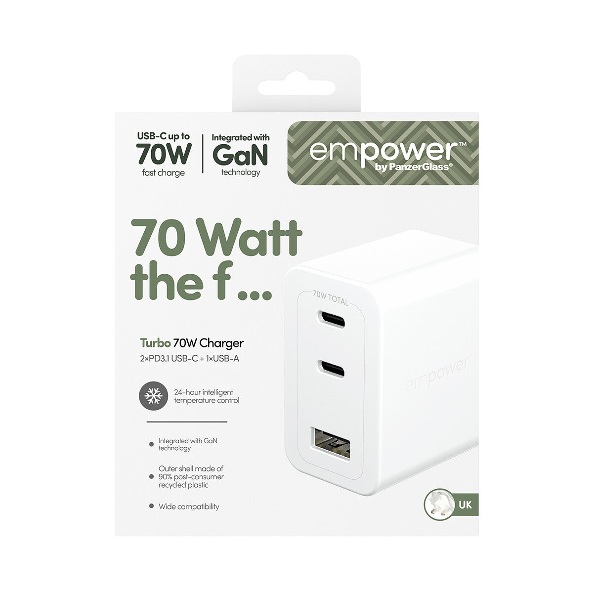 PanzerGlass empower™ by ® Turbo 70W Oplader inkl. 2 x USB-C + USB-A | UK Stik | Silver White