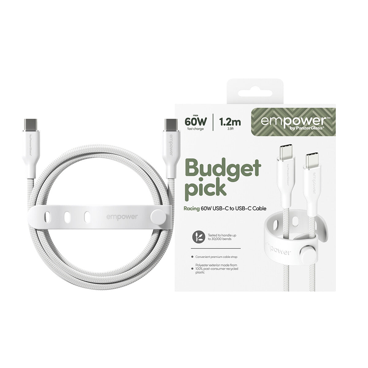 PanzerGlass empower™ by ® Racing 60W USB-C to USB-C Kabel | USB 2.0 | 1.2M | Silver White
