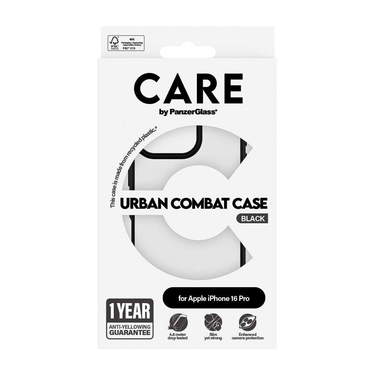 PanzerGlass CARE™ by ® Urban Combat Case Transparent m. Sort Ramme iPhone 16 Pro