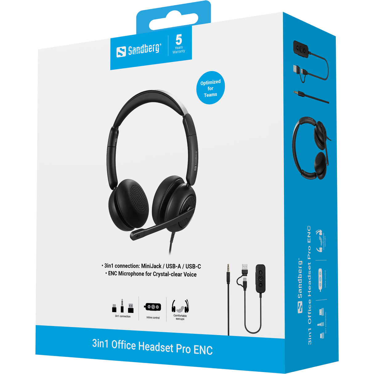 Sandberg 126-54 hovedtelefoner/headset Ledningsført Kontor/Callcenter USB Type-C / USB Type-A Sort