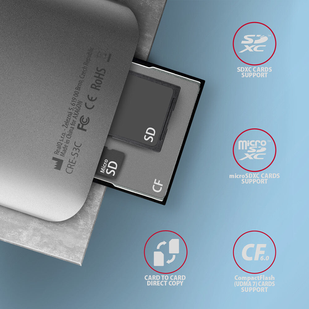 Axagon CRE-S3C kortlæser USB 3.2 Gen 1 (3.1 Gen 1) Type-C Grå
