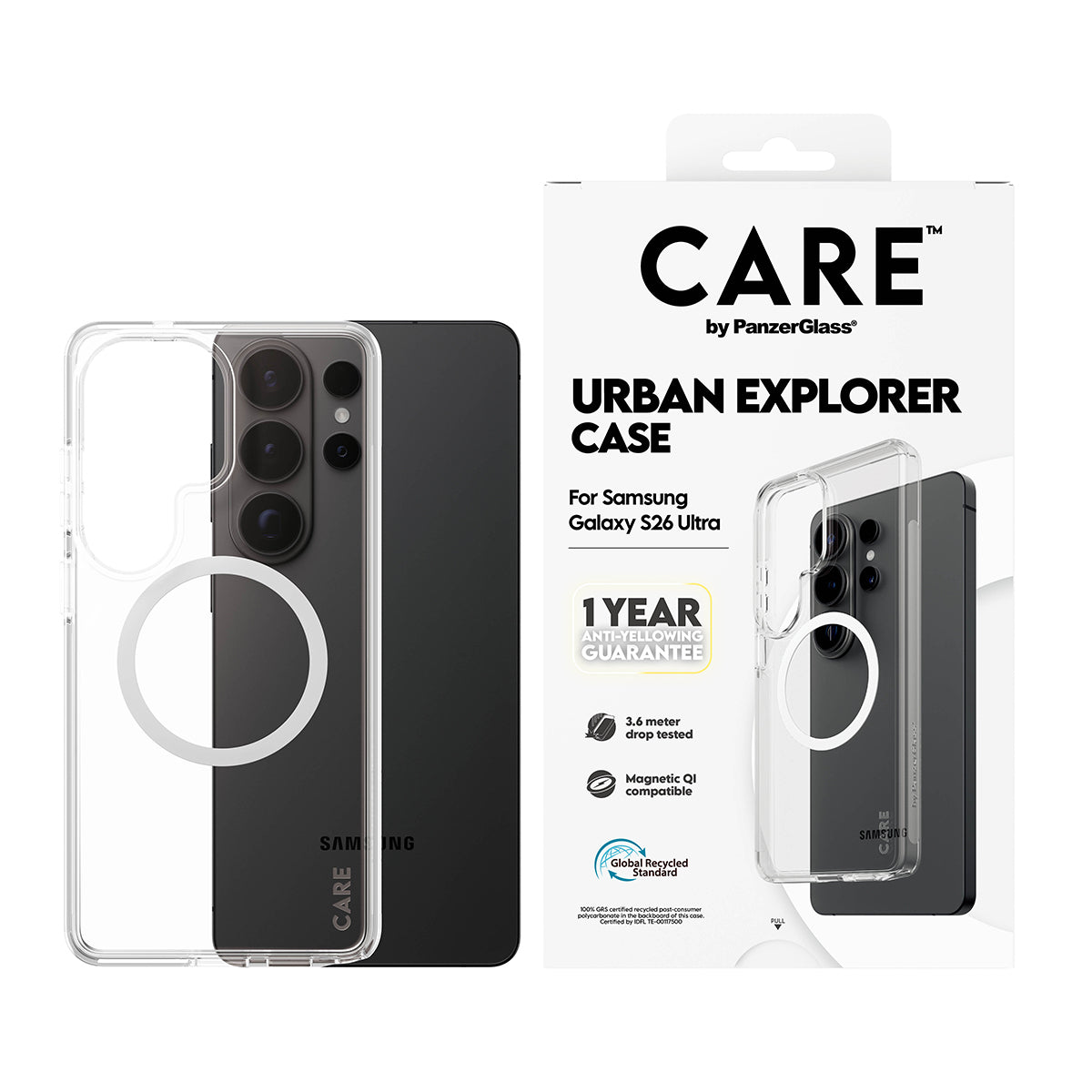 CARE by PanzerGlass Urban Explorer Case Transparent w. White Qi Samsung Galaxy S26 Ultra