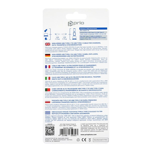 prio USB C til USB C-kabel med høj hastighedsopladning og synkronisering 5A 0,25 m hvid
