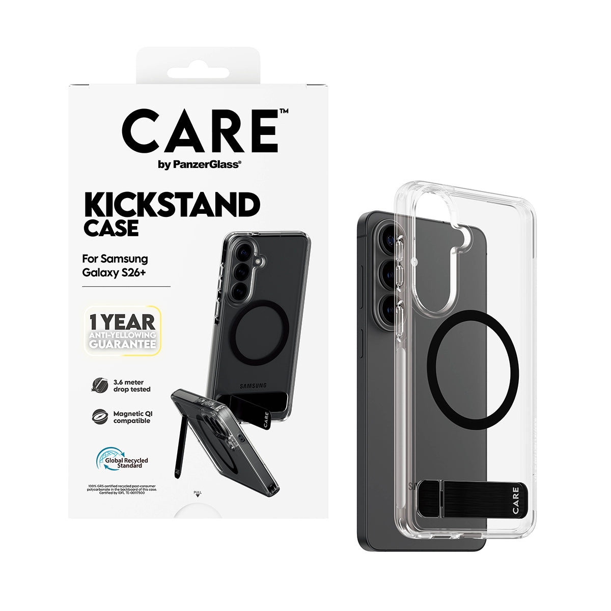 CARE by PanzerGlass Case Transparent w. Black Kickstand & Qi Samsung Galaxy S26+
