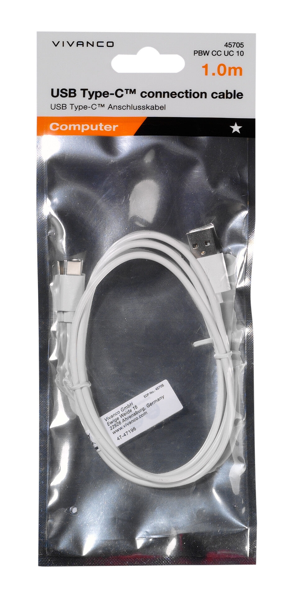Vivanco PBW CC UC 10 USB-kabel USB 2.0 1 m USB A USB C Hvid