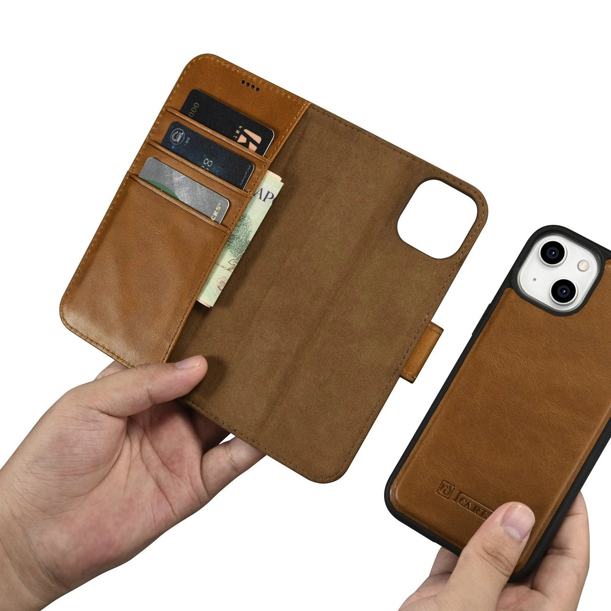 iCarer Oil Wax Wallet Case 2in1 iPhone 14 Leather Flip Cover Anti-RFID brun (WMI14220721-TN)
