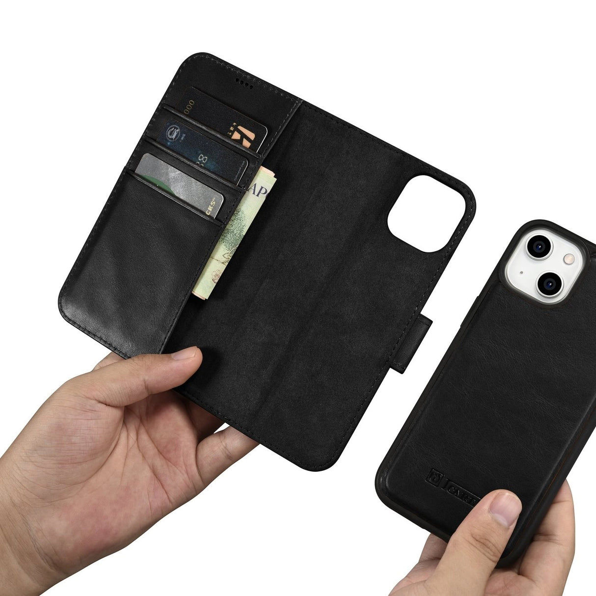iCarer Oil Wax Wallet Case 2in1 Cover iPhone 14 Plus Anti-RFID Læder Flip Case sort (WMI14220723-BK)