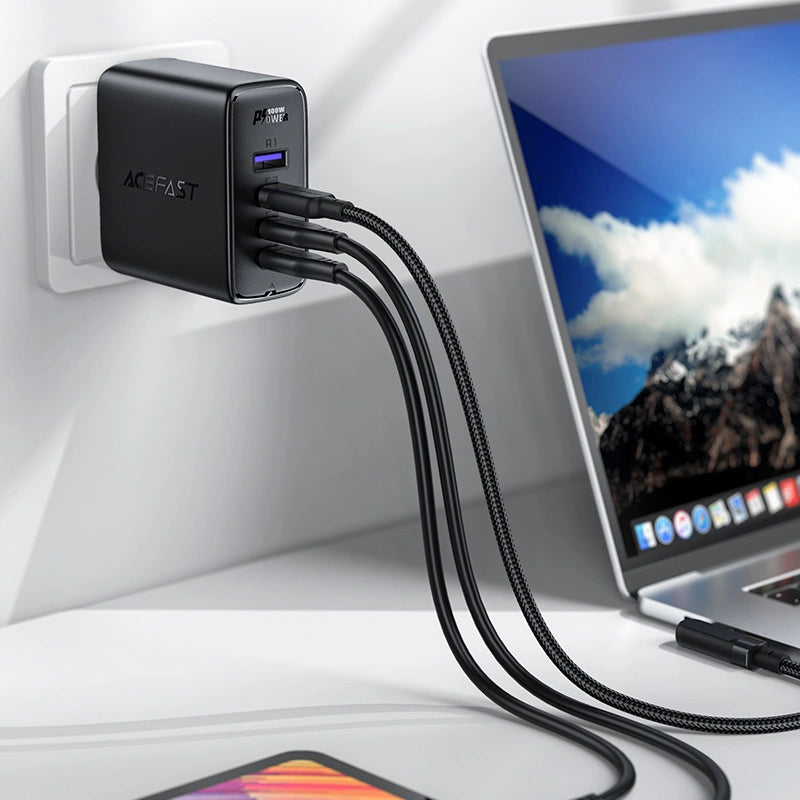 Acefast hurtigoplader GaN 3xUSB-C/1xUSB-A 100W sort + vinklet kabel USB-C - USB-C 100W 2m sort
