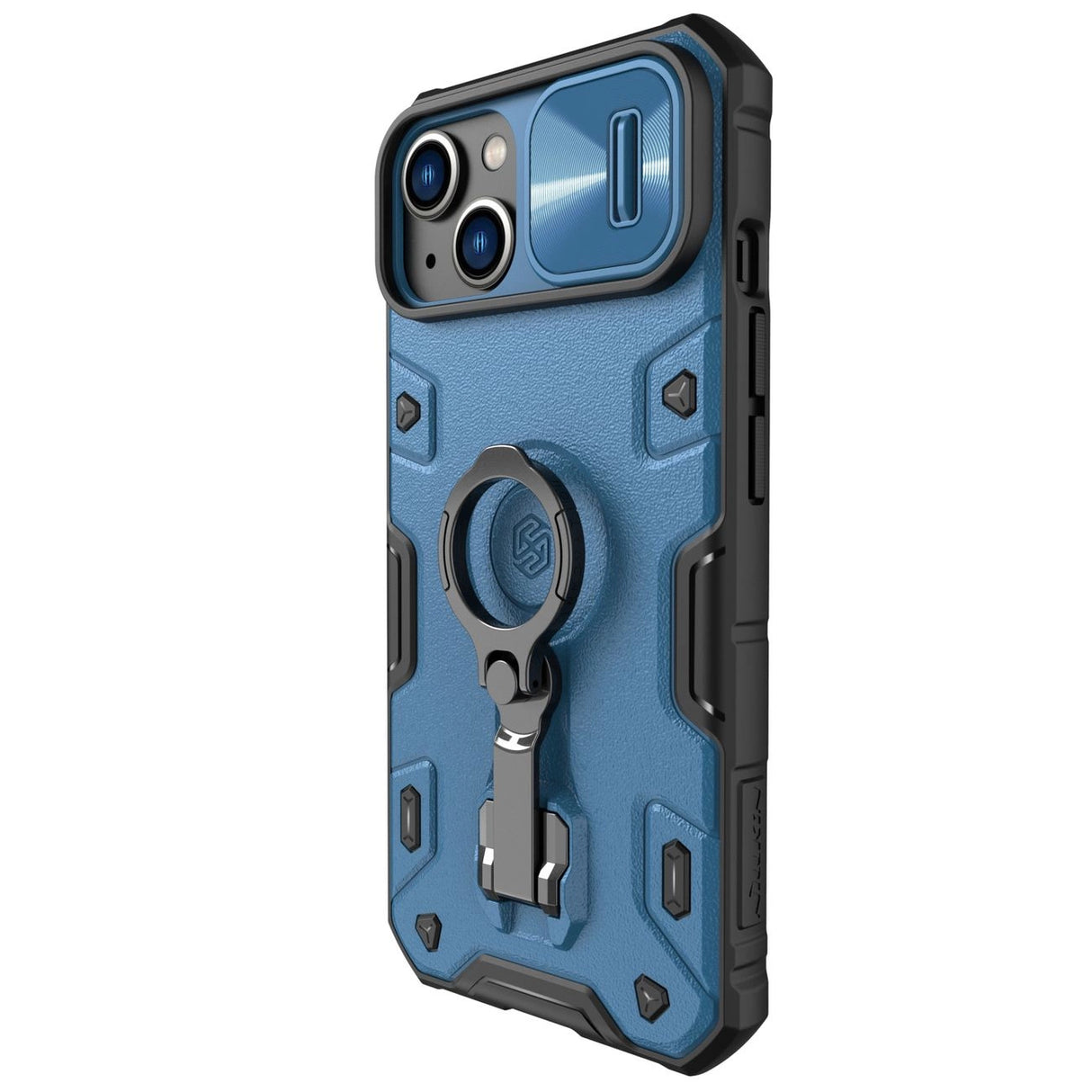 Nillkin CamShield Armor Pro Case iPhone 14 Plus pansret cover med kamera cover ring stativ blå