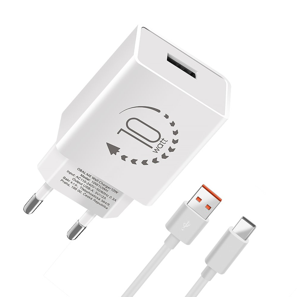 OBAL:ME Wall Charger USB-A 10W + USB-A/USB-C Cable 1m - White