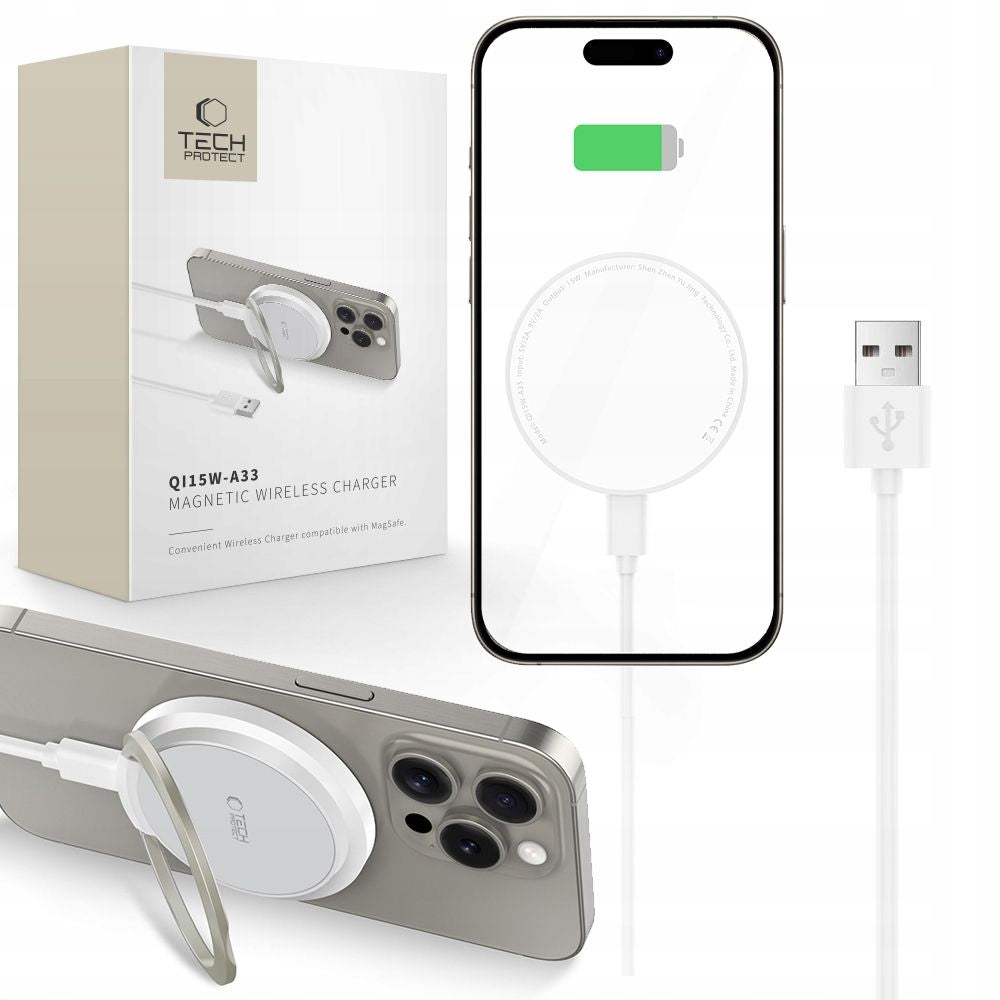 Tech Protect Qi15 W A33 Magnetisk Magsafe Trådløs Opladder Hvid
