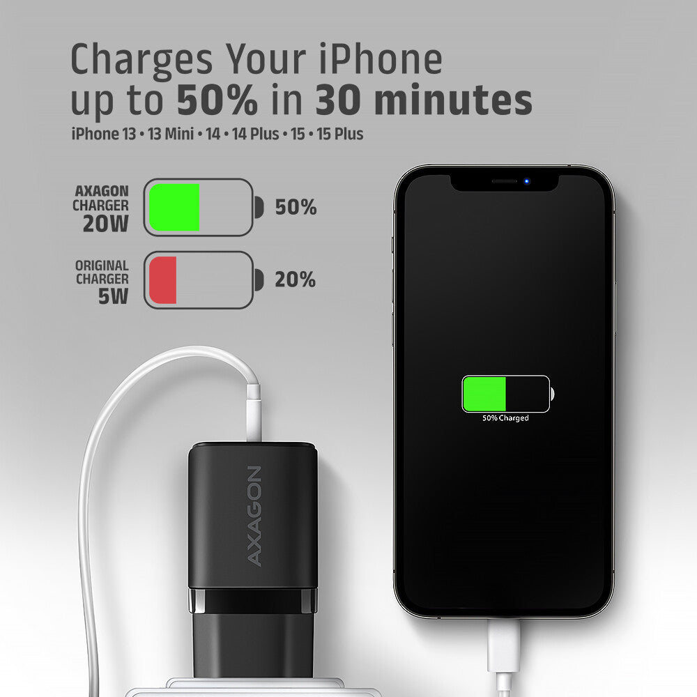 Axagon ACU-PQ20 wall charger QC3.0/AFC/FCP+ PD type-C 20 W - schwarz - USB Typ C Mobiltelefon, Smartphone, SmartWatch, Tablet, Universel Sort Vekselstrøm Hurtig opladning Indendørs