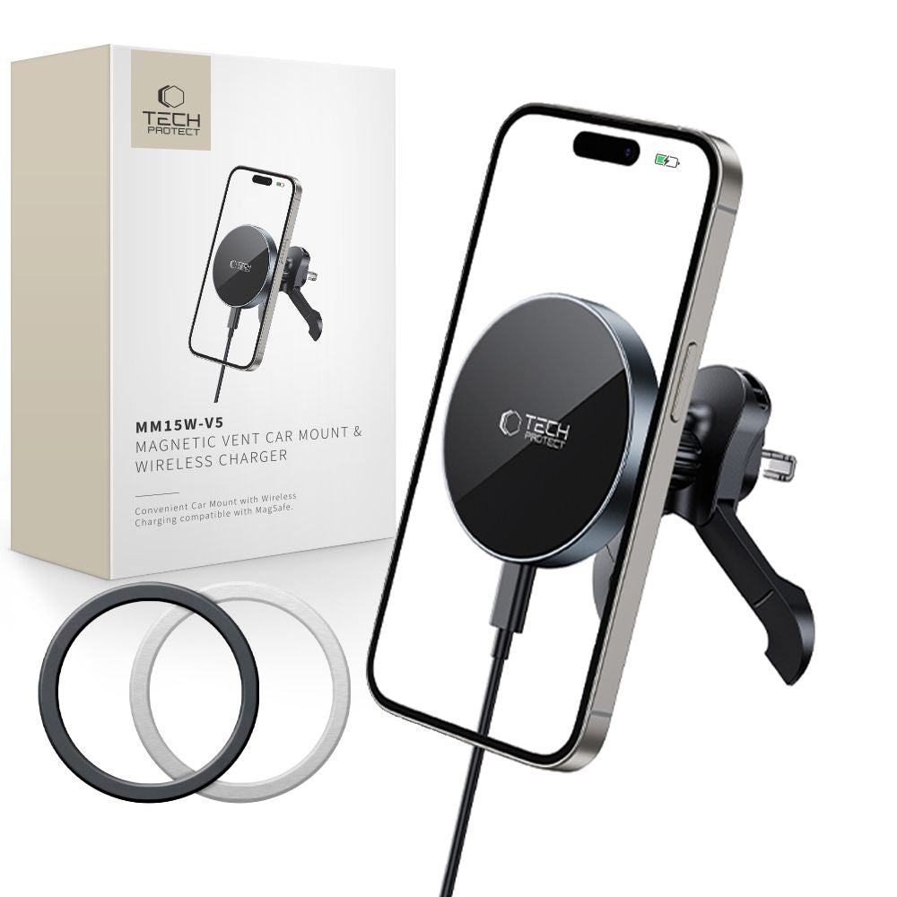 Tech Protect Mm15 W V5 Magnetisk Magsafe Stabil Ventilation Trådløs Opladder Til Bilholder 15 W Sort/Sort