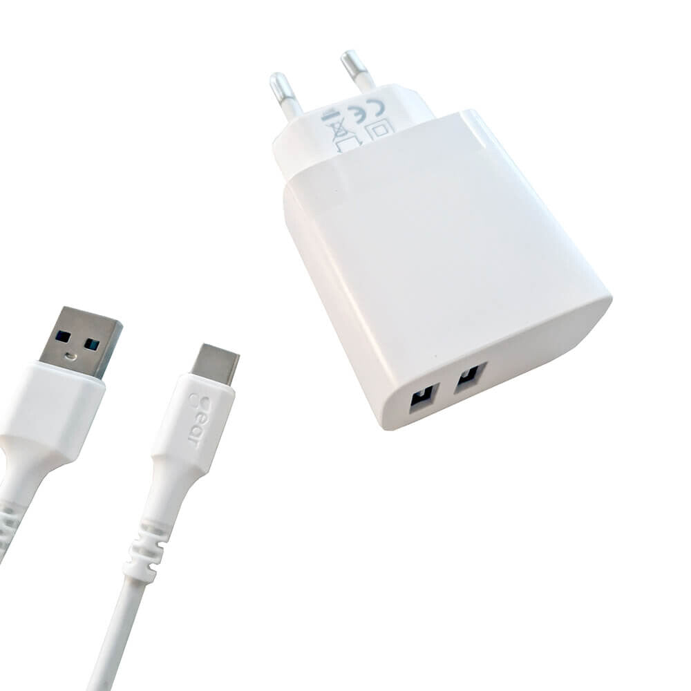 Gear Lader 220V 2xUSB-A 3.4A Hvid USB-C 2.0 kabel 1m