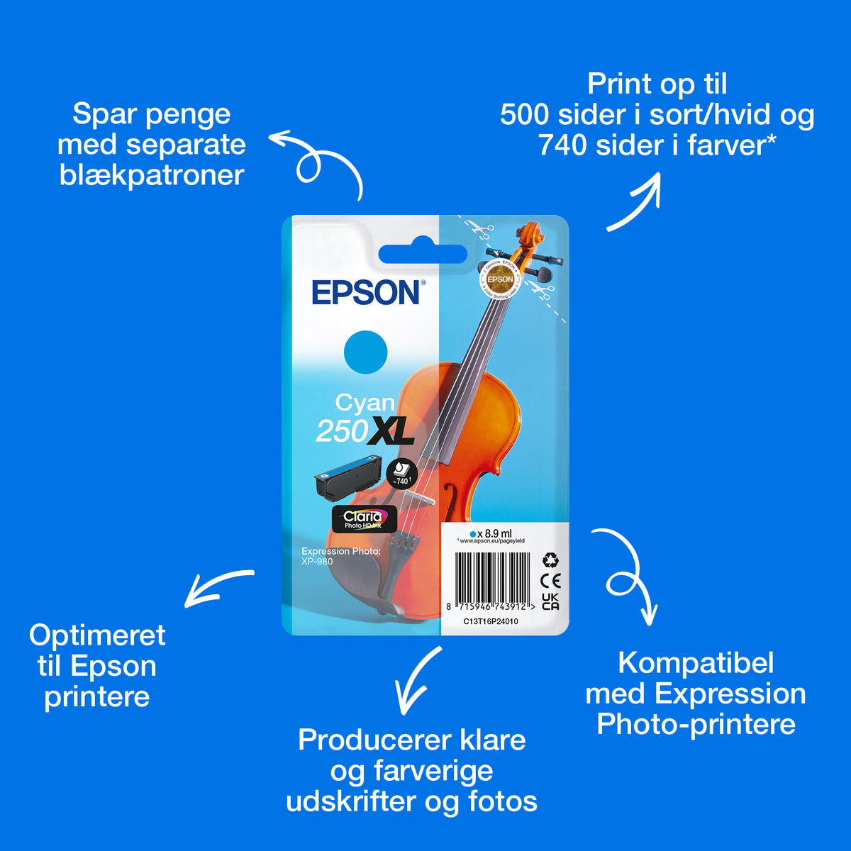 Epson Enkeltpakke, cyan 250XL Violin Claria Photo HD-blæk