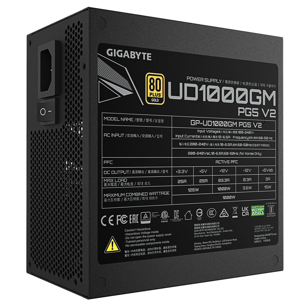 GIGABYTE UD1000GM PG5 V2 enhed til strømforsyning 1000 W 20+4 pin ATX ATX Sort