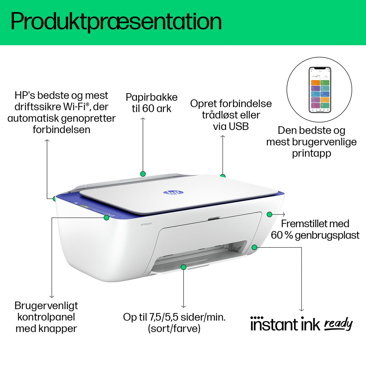 HP DeskJet 2821e Trådløst All-in-One Farve Printer, Instant Ink; Kopimaskine, scanner