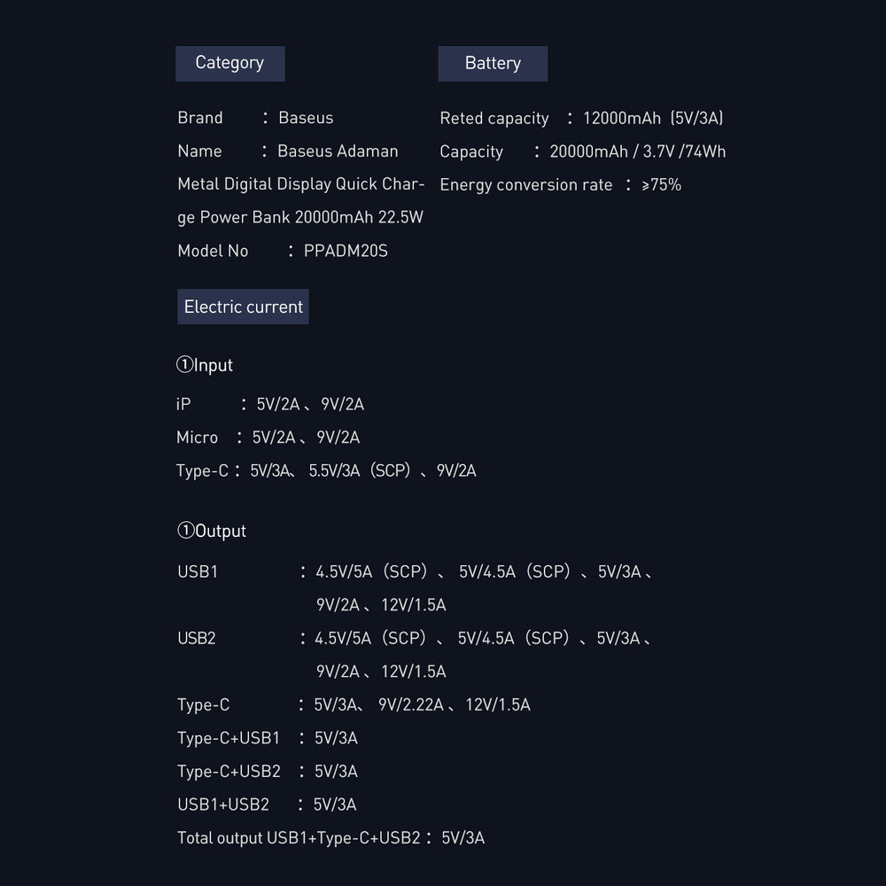 Baseus Adaman powerbank med hurtig opladning 20000mAh 22,5W + USB-A - USB-C 3A kabel 0,3m sort