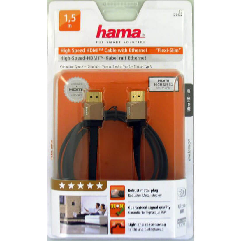 HAMA HDMI Ethernet High Speed Kabel 1,5m Flexi-Slim Guldbelagt PC