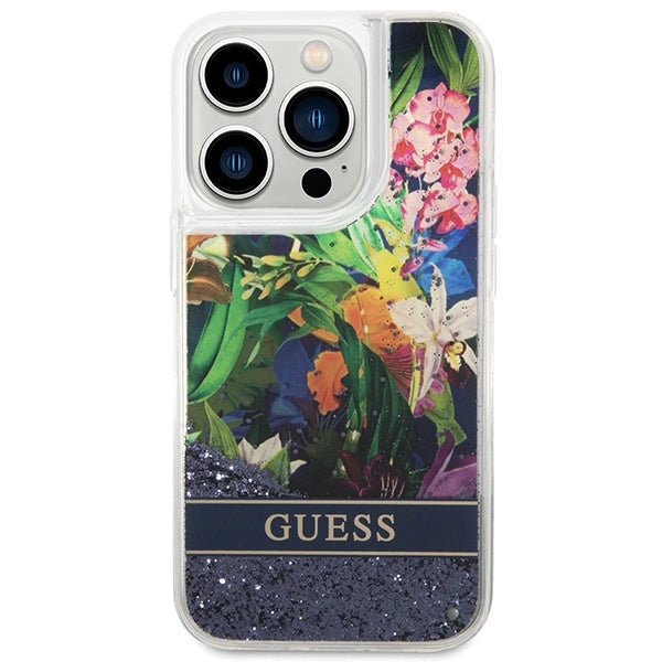 Guess GUHCP14LLFLSB iPhone 14 Pro 6.1 "blue / blue hardcase Flower Liquid Glitter