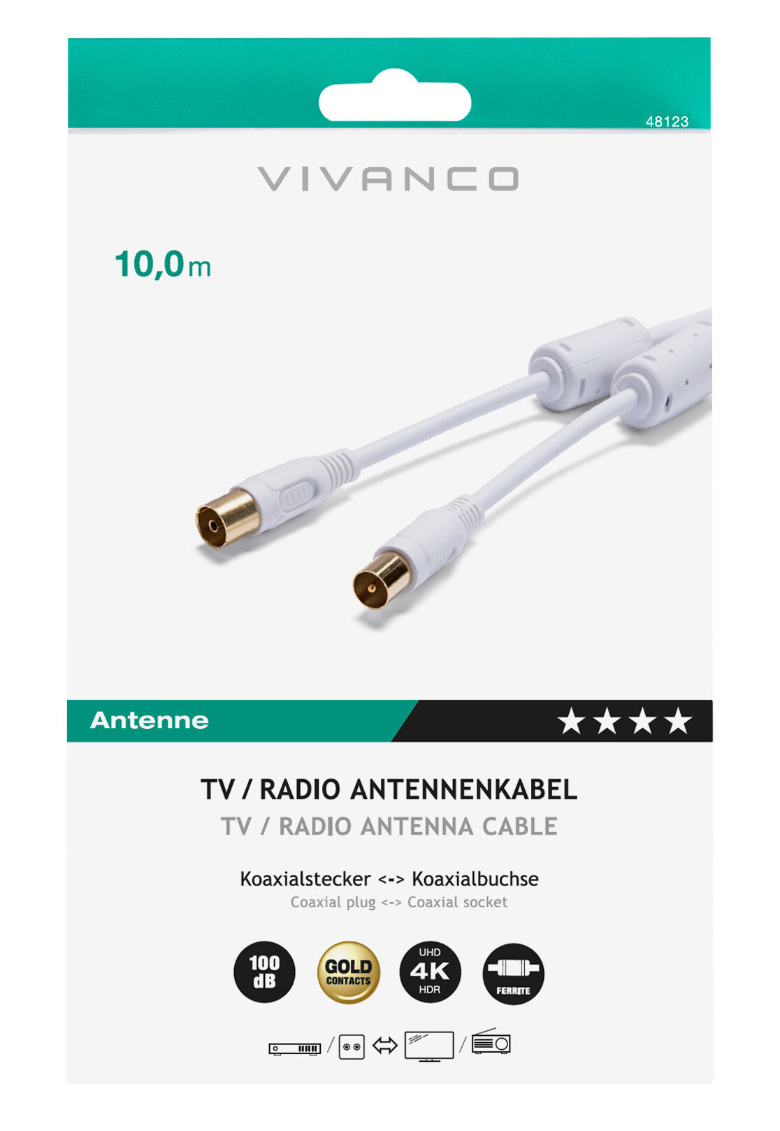 Vivanco 48/30 100GW koaxial kabel 10 m IEC Hvid