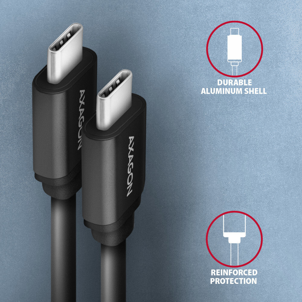 Axagon Data and charging USB 2.0 cable 1.1 m long. PD 60W, 3A. Black twisted. USB-kabel 1,1 m USB C 0,48 Gbit/sek. Sort