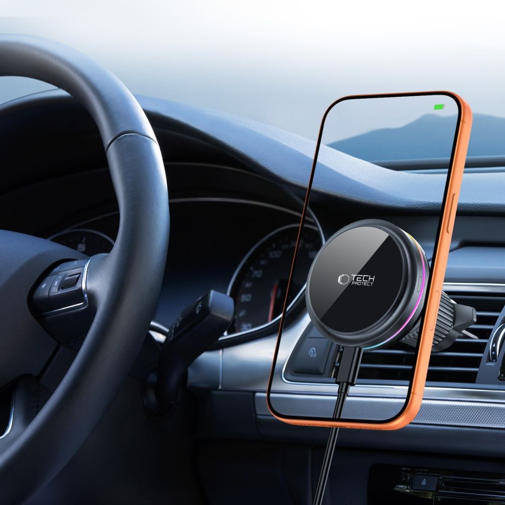 Tech Protect V9 Arcticboost Magnetisk Magsafe Dashboard & Ventilation Trådløs Opladder Til Bilholder 25 W Qi2.2 Sort